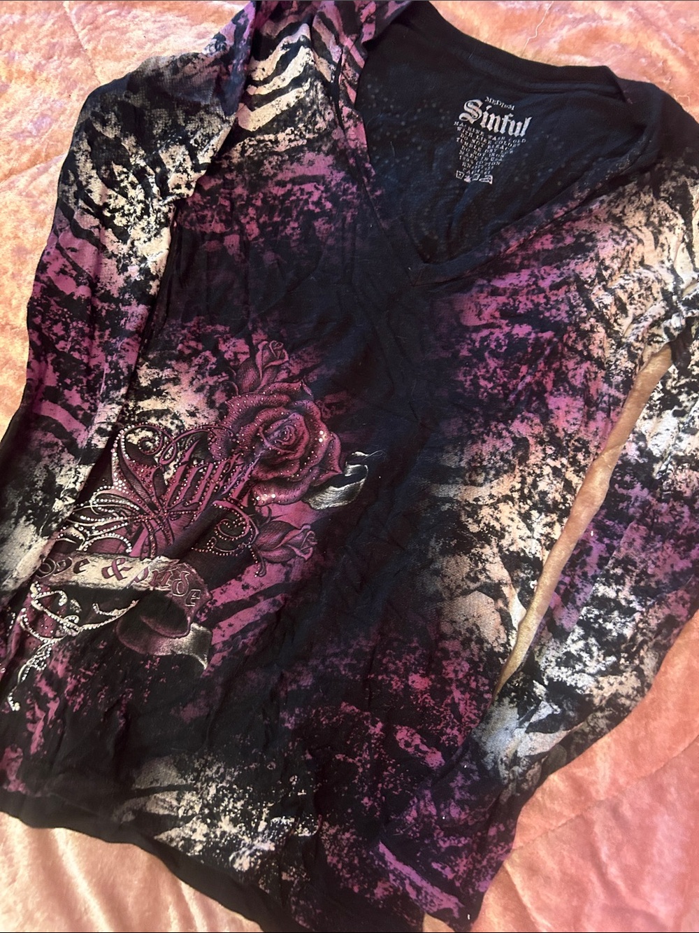 Sinful Black & Purple V-Neck Long Sleeve Graphic Tee